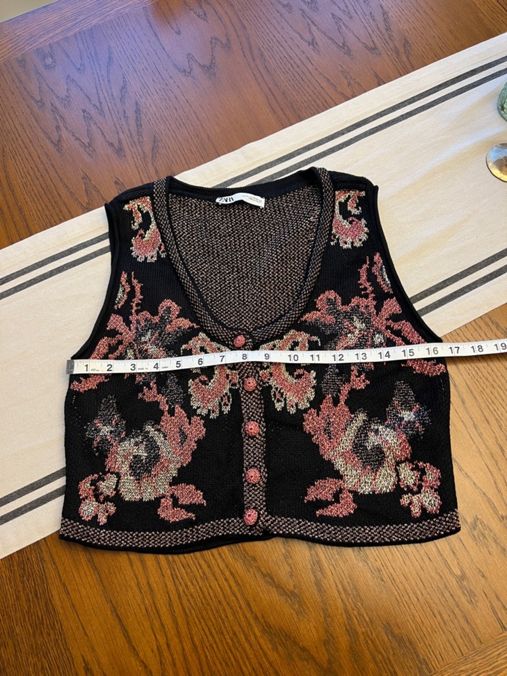 Zara Black Knit Button-Front Floral Vest with Pink and Cream Accents - Picture 4 of 9